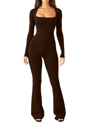 Women's Long Sleeve Belly And Waist Shaping Square Collar High Elastic Jumpsuit - Phosgene