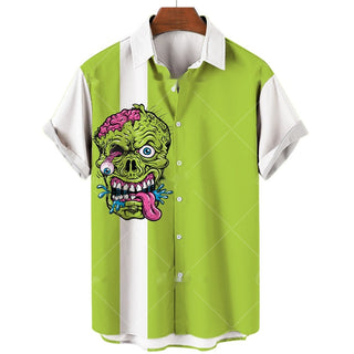 Men's Short-sleeve Lapel Shirt 3D Digital Skull Printed Shirt Phosgene