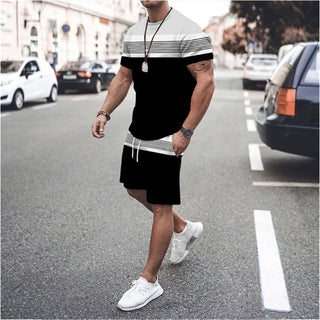 Summer Men's Short Sleeved Sports And Leisure Striped Round Neck Phosgene