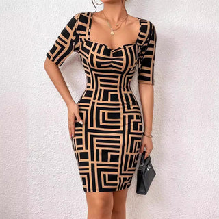 New Fashion Printed Square Collar Waist-tight Mid-sleeve Dress - Phosgene