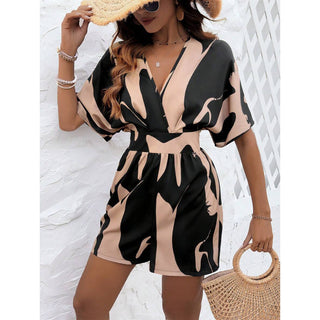 Women's Printed Cross Collar High Waist Jumpsuit - Phosgene