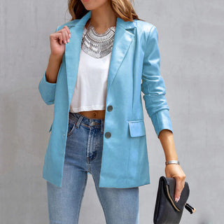 Long Sleeve Button Pu Cardigan Coat For Women - Phosgene