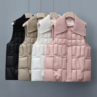 Stand Collar National Style Buckle Knitted Lapel Sleeveless Cotton-padded Jacket Vest - Phosgene