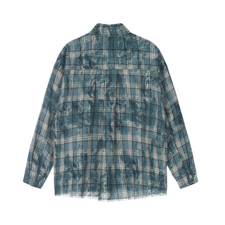 Distressed Tie-dyed Plaid Long-sleeved Shirt Men's Fashion Brand Phosgene