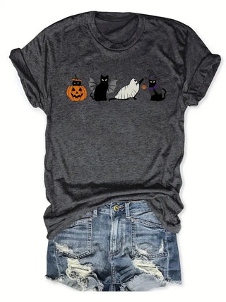 Halloween Black Cat And Pumpkin Printed Round Neck Short Sleeve - Phosgene