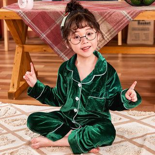 Children's Gold Velvet Solid Color Pajamas Set - Phosgene