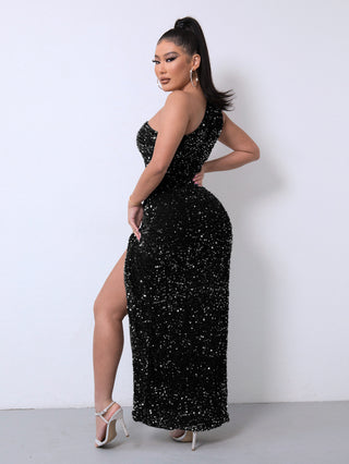 Foreign Trade Sleeveless One Shoulder Slash Neck Sequins Gorgeous Slit Women's Dress - Phosgene