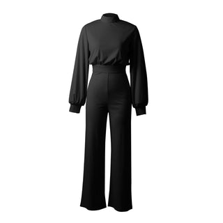 Women's Solid Color Turtleneck Backless Long Sleeves Casual One-piece Trousers - Phosgene