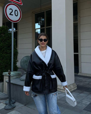 Leather And Fur Korean Style Long Sleeve Splicing Coat Women - Phosgene