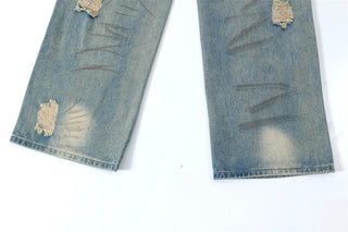 Graffiti Distressed Dirty Ripped Denim Trousers Phosgene