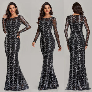 Sequins Women Maxi Dresses Long Sleeve Female Party Dresses - Phosgene