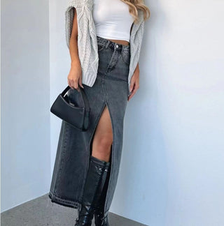 European And American Style Women's Clothing High Waist Slit Design Denim Skirt Phosgene