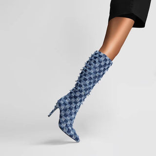 Chessboard Plaid Denim Blue Cloth Women's Boots - Phosgene