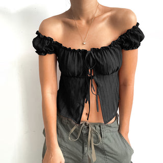 All-match Short Sleeve Puff Sleeve Hot Girl Tied Top Women - Phosgene