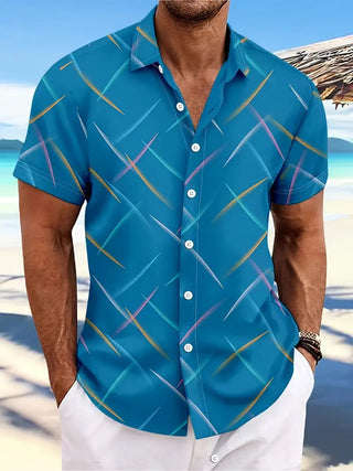 Summer New Men's Striped Feather Casual Beach Short Sleeve Button Shirt Phosgene