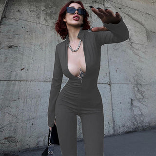 Women's Fashion Personality Chest Zipper Slim-fit Long-sleeved Stretch Bottoming Jumpsuit - Phosgene