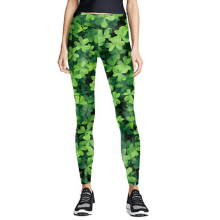 Digital Printed Green Leaf Elastic Slim Fit Running Pants Yoga Pants - Phosgene