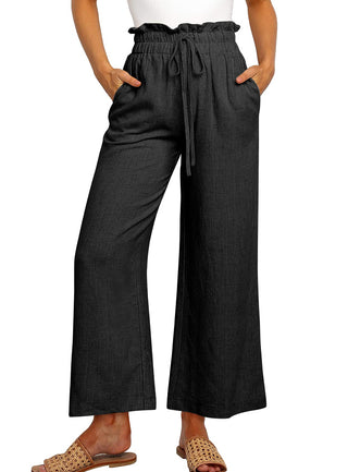 Elastic Waistband Lace-up Wide Leg Pants Solid Color Cropped Pants Phosgene