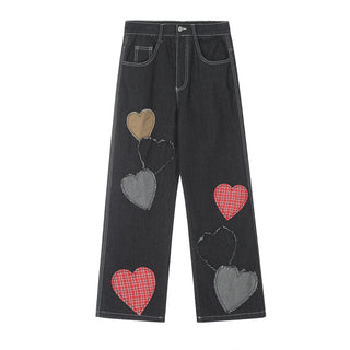 Contrast Color Love Patch Denim Straight-leg Trousers Men Phosgene