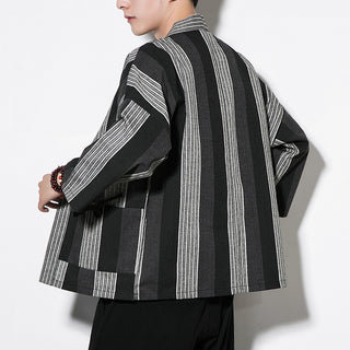 Chinese Style Summer Men's Striped Cotton Linen Vintage Cardigan Phosgene