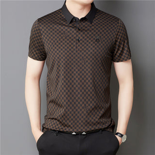 Men's Lapel Plaid Printed Seamless High Elasticity Ice Silk Short Sleeve Phosgene