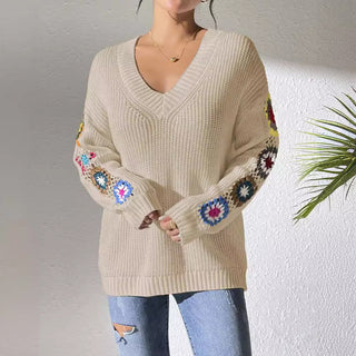 Autumn And Winter Crochet Stitching V-neck Pullover Sweater - Phosgene