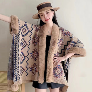 Ethnic Style Fur Ball Shawl Cape Cloak - Phosgene