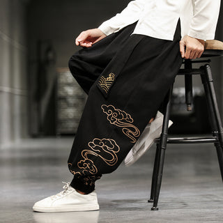 New Chinese Style Men's Trousers Printed Loose Wide-leg Trousers Plus Size - Phosgene