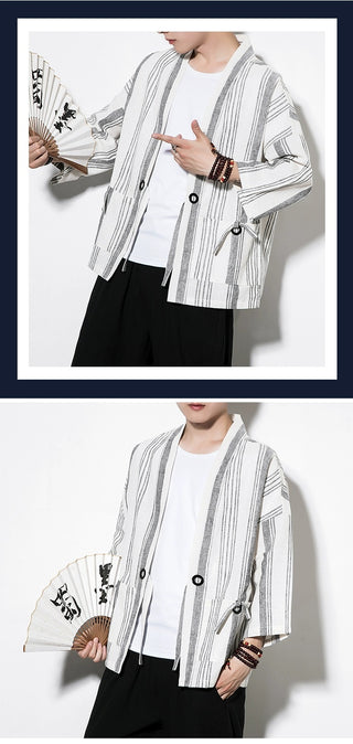 Chinese Style Summer Men's Striped Cotton Linen Vintage Cardigan Phosgene