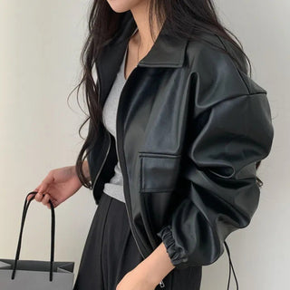 Lapel Double Zipper Pocket Long Sleeve Leather Coat - Phosgene