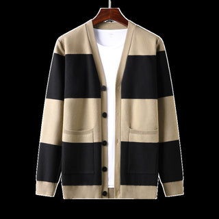 Spring And Autumn New Men's Striped Cardigan Single-breasted Long Sleeve Color Matching Casual Sweater Coat - Phosgene