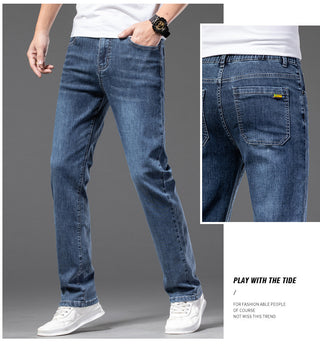 Men's Casual Half Elastic Waist Stretch Denim Trousers Phosgene