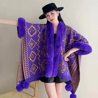 Ethnic Style Fur Ball Shawl Cape Cloak - Phosgene