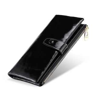 Women's Real Leather Long Multiple Card Slots Hand-held Retro Oil Wax Skin Coin Purse - Phosgene