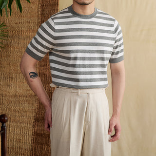 Striped Navy-striped Shirt Breathable Tencel Cotton Round Neck Short Sleeve T-shirt Phosgene