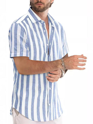 Casual Fashion Short Sleeve Striped Dress Shirt Cotton Beach Shirt Phosgene