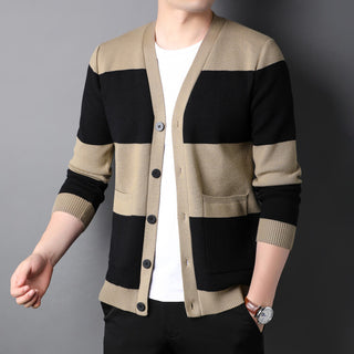 Spring And Autumn New Men's Striped Cardigan Single-breasted Long Sleeve Color Matching Casual Sweater Coat - Phosgene