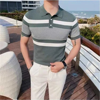 Casual Trend Striped Lapel Short Sleeve Phosgene