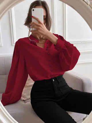 Commute Style Solid Color Round Neck Long Sleeve Single-breasted Women's Shirt Phosgene