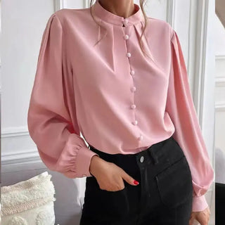 Commute Style Solid Color Round Neck Long Sleeve Single-breasted Women's Shirt Phosgene