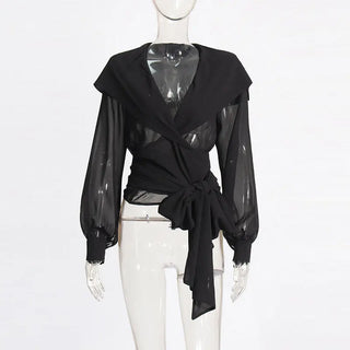 Cross V-neck Lace-up Waist-controlled Mesh See-through Hooded Top Phosgene