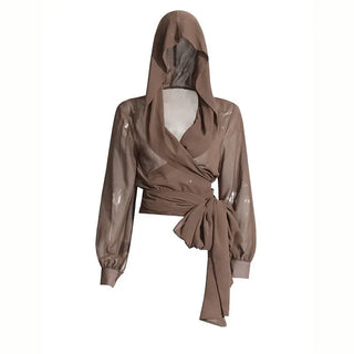 Cross V-neck Lace-up Waist-controlled Mesh See-through Hooded Top Phosgene