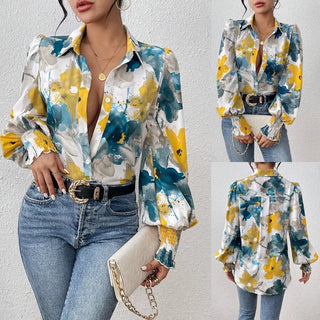 European And American Lapel Print Smocking Long Sleeve Button Loose Casual Women's Shirt Phosgene