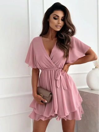 European And American Sexy V-neck Cross Straps Mini Skirt Ruffled Hem Chiffon Dress Phosgene