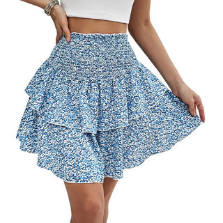 European And American Summer Smocking Slim Fit Floral Short Skirt Phosgene