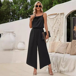 Fashion Casual Solid Color Suspender Waist Wide Leg Jumpsuit Phosgene