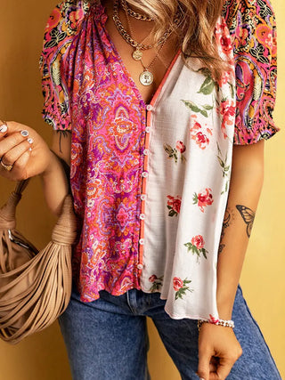 Fashion Floral Printed V-neck Single-breasted Shirt Phosgene