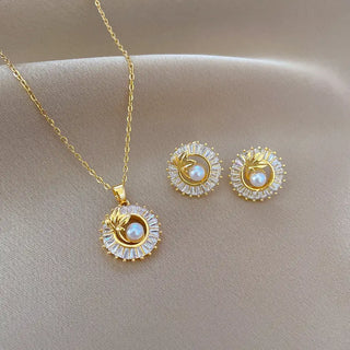 Fashion Jewelry Square Full Diamond Personalized Round Ring Leaves Necklace And Earrings Suite Phosgene