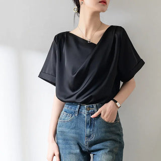 French Sexy V-neck Short-sleeved Shirt Women's Design Niche Temperament Drape Chiffon Shirt Phosgene