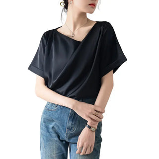 French Sexy V-neck Short-sleeved Shirt Women's Design Niche Temperament Drape Chiffon Shirt Phosgene